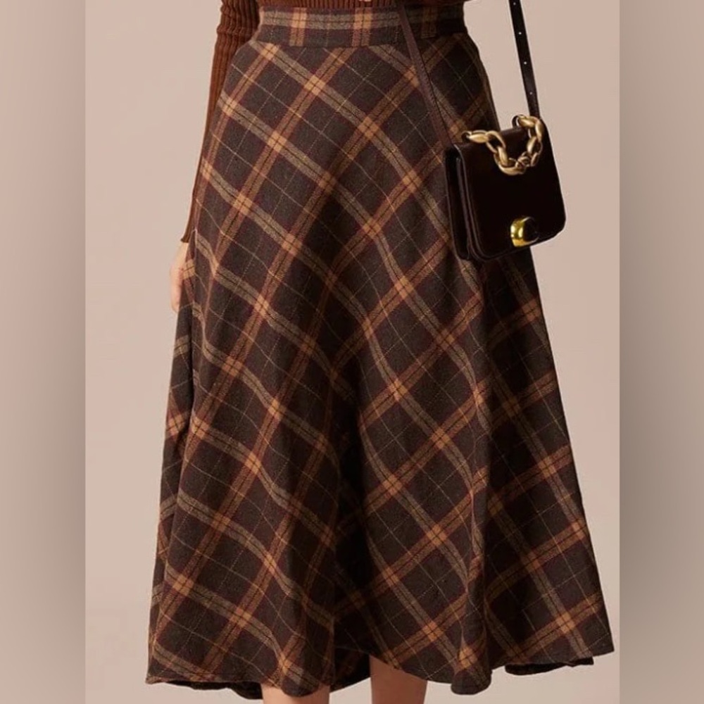 Brown Plaid Midi Skirt L